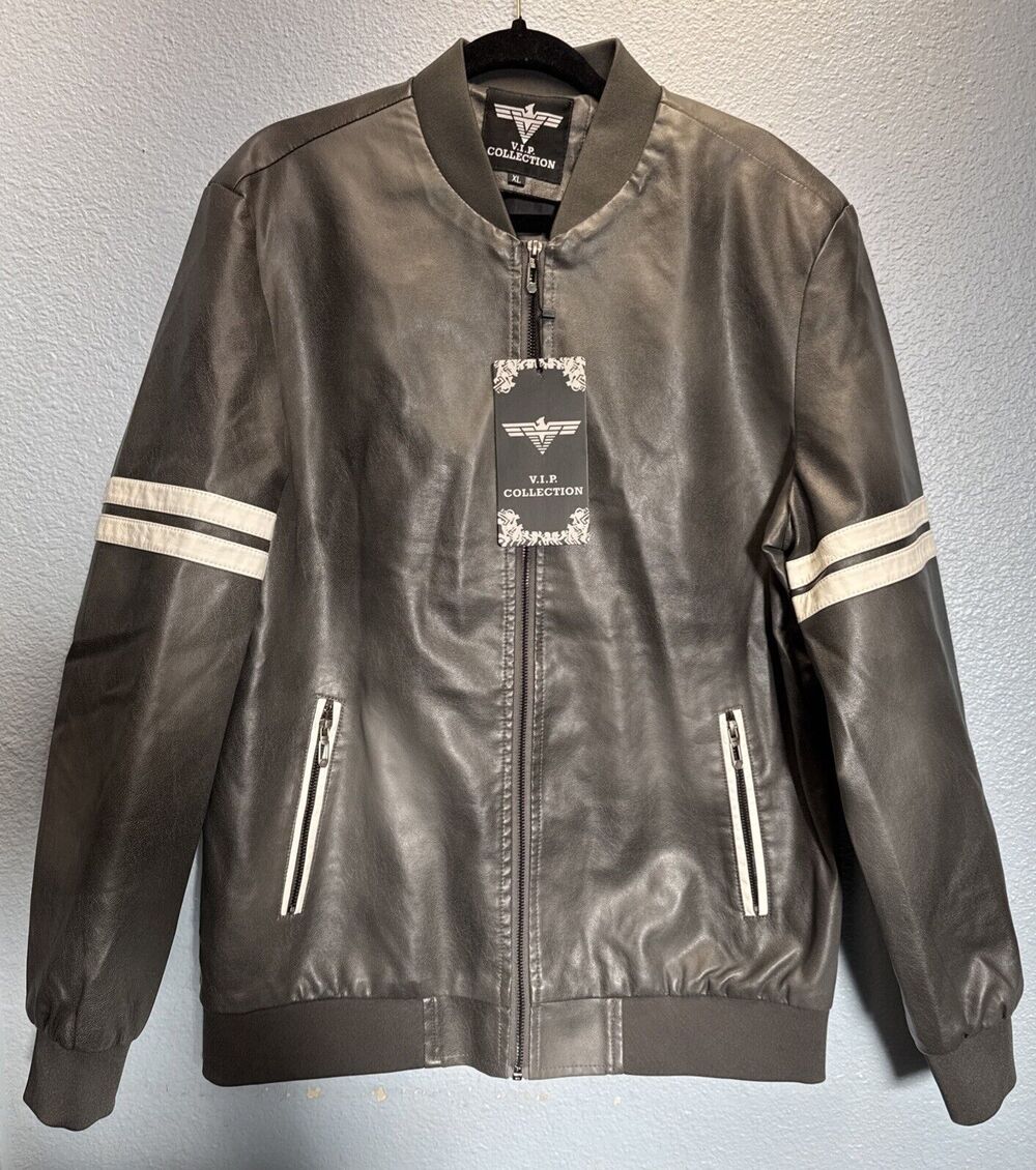 V.I.P. Collection Gray Mens Pleather Jacket Zip Up Size XL New With Tags